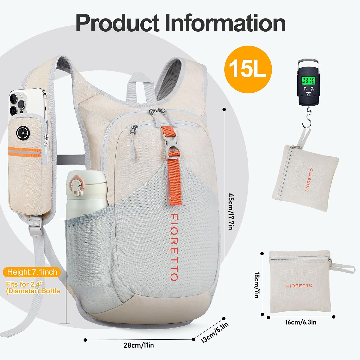 FIORETTO 15L Hiking Backpack for Men Women Lightweight Foldable Small Daypack for Travel Camping Outdoor, Beige - Image 5