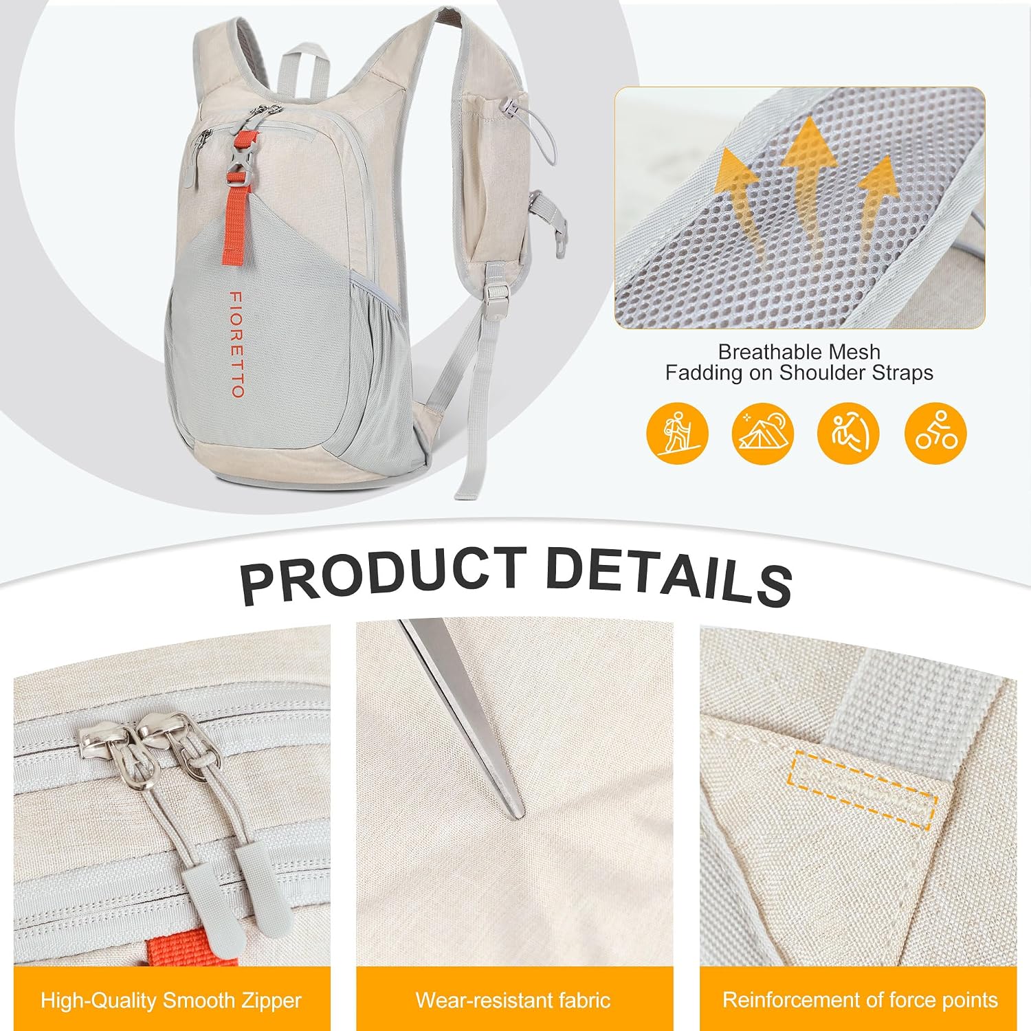 FIORETTO 15L Hiking Backpack for Men Women Lightweight Foldable Small Daypack for Travel Camping Outdoor, Beige - Image 6