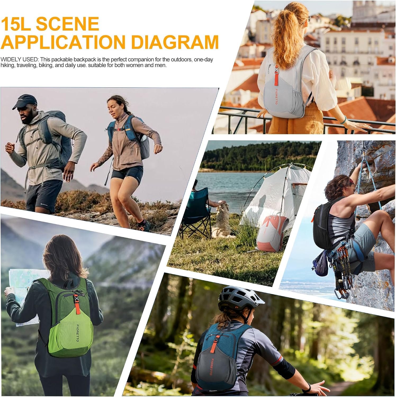 FIORETTO 15L Hiking Backpack for Men Women Lightweight Foldable Small Daypack for Travel Camping Outdoor, Beige - Image 8