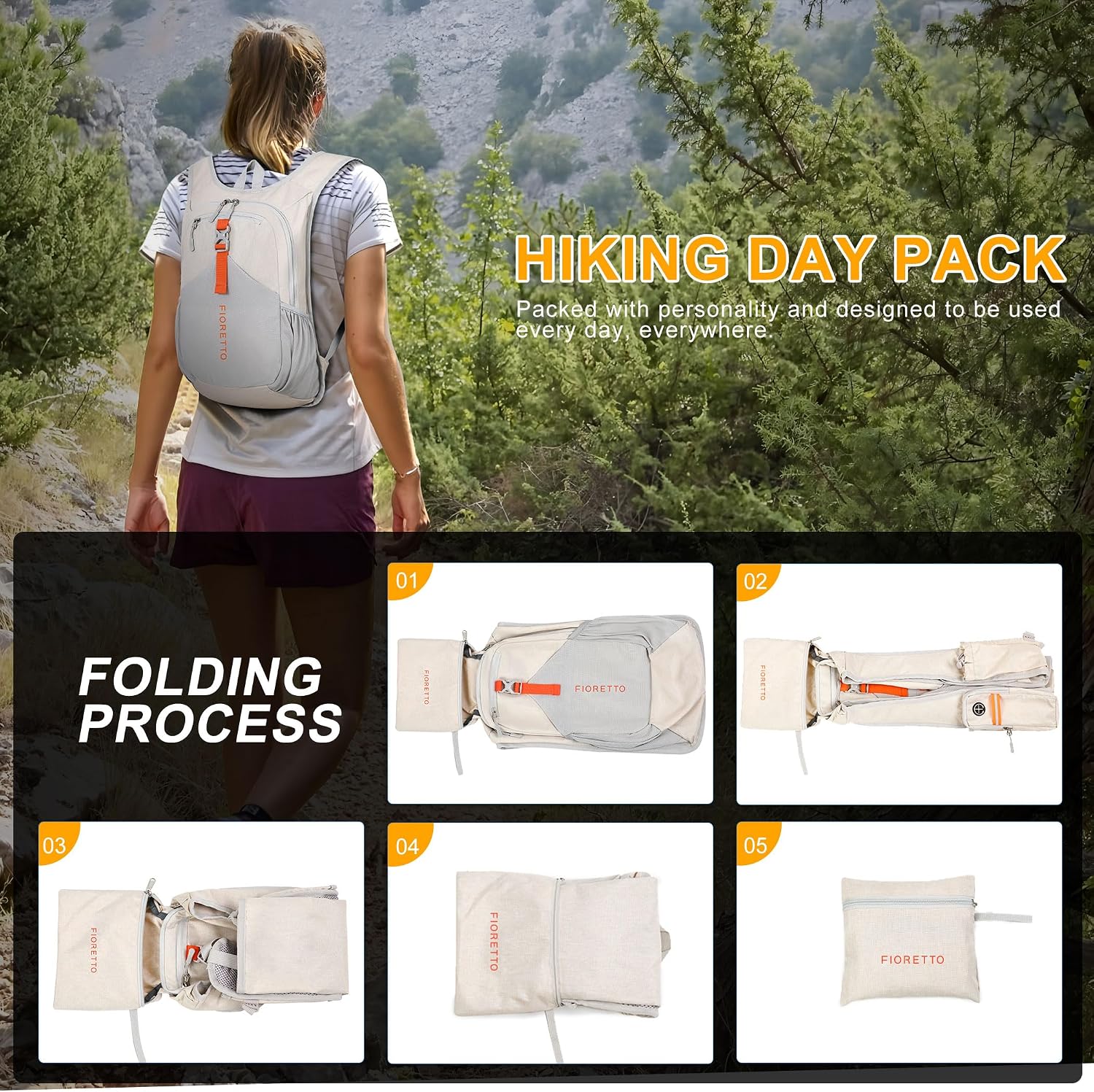 FIORETTO 15L Hiking Backpack for Men Women Lightweight Foldable Small Daypack for Travel Camping Outdoor, Beige - Image 9