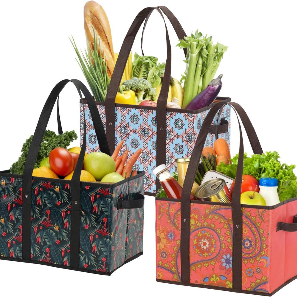 Foraineam Reusable Grocery Bags Set Durable Heavy Duty Tote Bag Collapsible Grocery Shopping Box Bag with Reinforced Bottom